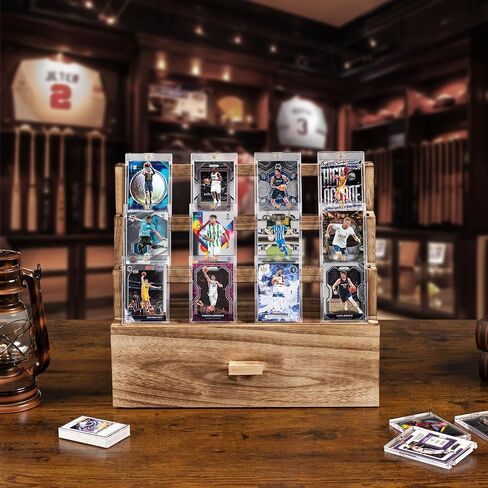 Emfogo Trading Card Display, 3-Tier Trading Card Storage with Custom Drawer, Wood Graded Card Display with Card Supporters and Dividers, Sports Card Display Case for Card Game Collection (Black) in Kuwait