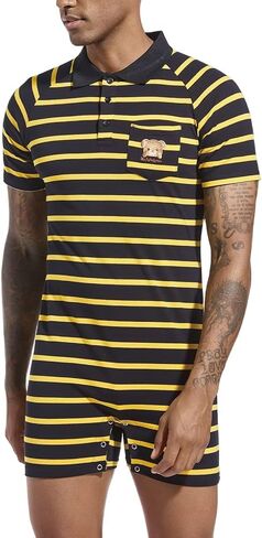 Mens Short Sleeve Romper Onesie One Piece Stripe Pajamas with Polo Collar in Kuwait