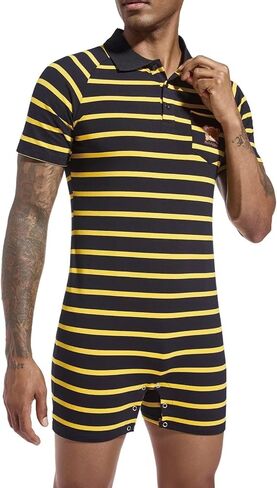 Mens Short Sleeve Romper Onesie One Piece Stripe Pajamas with Polo Collar in Kuwait