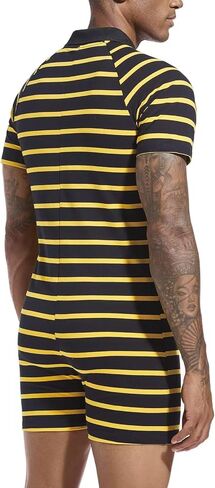 Mens Short Sleeve Romper Onesie One Piece Stripe Pajamas with Polo Collar in Kuwait