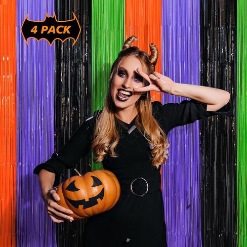 Mega-L Halloween Party Decorations, 2 Packs Orange Purple Black Green Photo Booth Props, 3.3 x 6.6 ft Halloween Foil Fringe Curtains with Bats, Photo Backdrop Streamers Halloween Party Supplies in Saudi Arabia