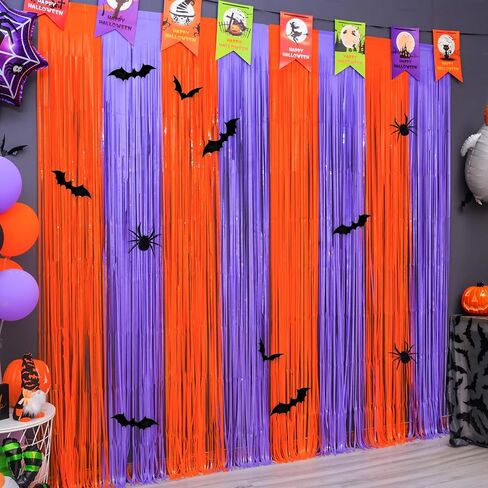 Mega-L Halloween Party Decorations, 2 Packs Orange Purple Black Green Photo Booth Props, 3.3 x 6.6 ft Halloween Foil Fringe Curtains with Bats, Photo Backdrop Streamers Halloween Party Supplies in Saudi Arabia