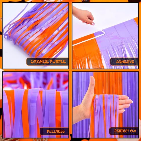 Mega-L Halloween Party Decorations, 2 Packs Orange Purple Black Green Photo Booth Props, 3.3 x 6.6 ft Halloween Foil Fringe Curtains with Bats, Photo Backdrop Streamers Halloween Party Supplies in Saudi Arabia
