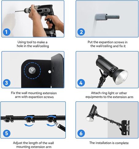 Takerers Ring Light Wall Mount: Save Space, 180º Flexible Rotation - Wall Mount Triangle Boom Arm with 3/8 & 1/4 screw for Photography Light, Monolight, Softbox, Umbrella, Reflector, Max Length 51inch in Saudi Arabia