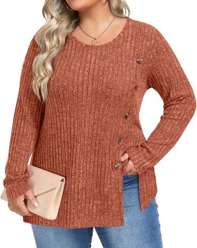 HOTGIFT Womens Plus Size Tops Long Sleeve Crewneck Casual Tunic Shirts Buttons XL-5XL Blouse Loose Comfy Basic Fashion in Saudi Arabia