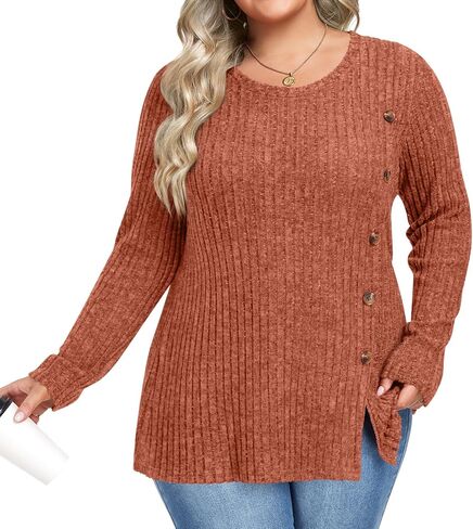 HOTGIFT Womens Plus Size Tops Long Sleeve Crewneck Casual Tunic Shirts Buttons XL-5XL Blouse Loose Comfy Basic Fashion in Saudi Arabia