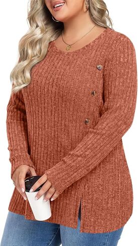 HOTGIFT Womens Plus Size Tops Long Sleeve Crewneck Casual Tunic Shirts Buttons XL-5XL Blouse Loose Comfy Basic Fashion in Saudi Arabia