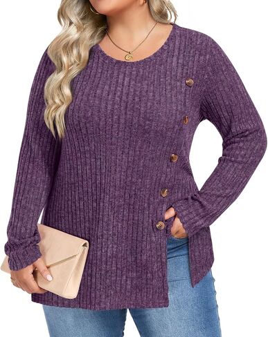 HOTGIFT Womens Plus Size Tops Long Sleeve Crewneck Casual Tunic Shirts Buttons XL-5XL Blouse Loose Comfy Basic Fashion in Saudi Arabia