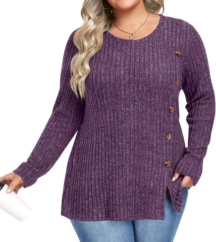 HOTGIFT Womens Plus Size Tops Long Sleeve Crewneck Casual Tunic Shirts Buttons XL-5XL Blouse Loose Comfy Basic Fashion in Saudi Arabia