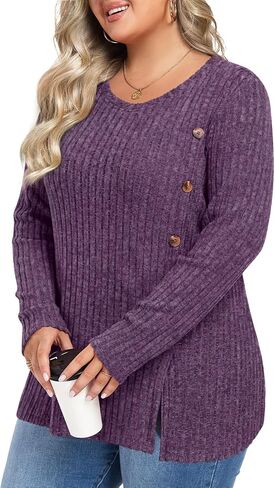 HOTGIFT Womens Plus Size Tops Long Sleeve Crewneck Casual Tunic Shirts Buttons XL-5XL Blouse Loose Comfy Basic Fashion in Saudi Arabia