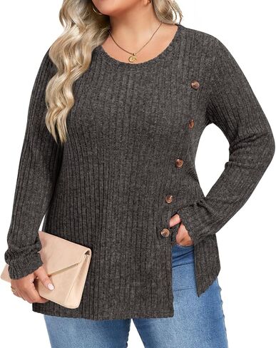 HOTGIFT Womens Plus Size Tops Long Sleeve Crewneck Casual Tunic Shirts Buttons XL-5XL Blouse Loose Comfy Basic Fashion in Saudi Arabia