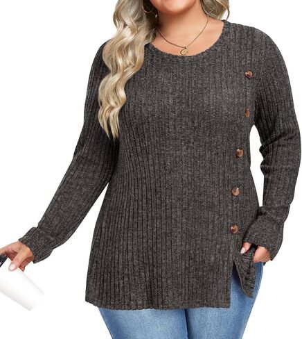 HOTGIFT Womens Plus Size Tops Long Sleeve Crewneck Casual Tunic Shirts Buttons XL-5XL Blouse Loose Comfy Basic Fashion in Saudi Arabia
