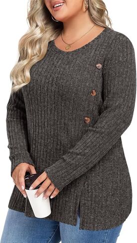 HOTGIFT Womens Plus Size Tops Long Sleeve Crewneck Casual Tunic Shirts Buttons XL-5XL Blouse Loose Comfy Basic Fashion in Saudi Arabia