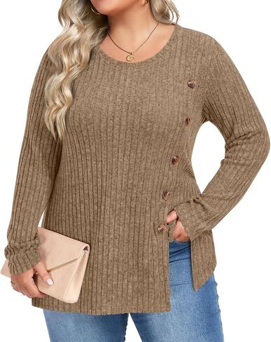 HOTGIFT Womens Plus Size Tops Long Sleeve Crewneck Casual Tunic Shirts Buttons XL-5XL Blouse Loose Comfy Basic Fashion in Saudi Arabia