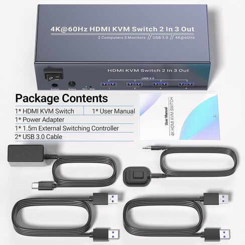 4K60 هرتز ثنائي الشاشة HDMI KVM Switch، USB 3.0 HDMI KVM Switch 2 Minitors 2 جهاز كمبيوتر، 2 Port HDMI KVM Switch لإدارة جهازي كمبيوتر مع مجموعة واحدة من لوحة المفاتيح والماوس، 4 منافذ USB 3.0 للمشاركة in Kuwait