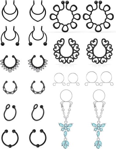 Fake Nipple/Septum Piercing Rings Silver/Black Faux Non Piercing Clip On Jewelry Set for Women Hypoallergenic Stainless Steel in Kuwait