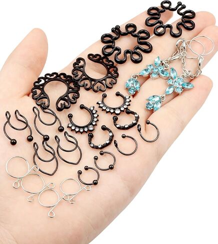 Fake Nipple/Septum Piercing Rings Silver/Black Faux Non Piercing Clip On Jewelry Set for Women Hypoallergenic Stainless Steel in Kuwait