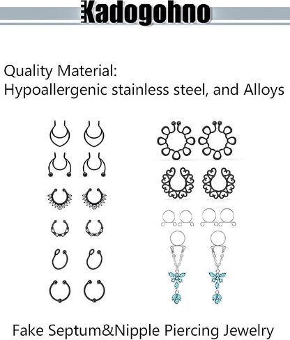 Fake Nipple/Septum Piercing Rings Silver/Black Faux Non Piercing Clip On Jewelry Set for Women Hypoallergenic Stainless Steel in Kuwait