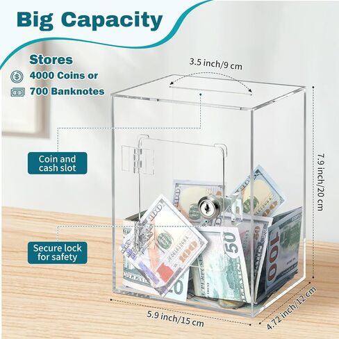 Clear Piggy Bank with Lock and Key, Large Acrylic Piggy Banks for Kids Adults, Clear Openable Money Saving Box for Cash Coins, Reusable Saving Box for Real Money (Clear) in Saudi Arabia