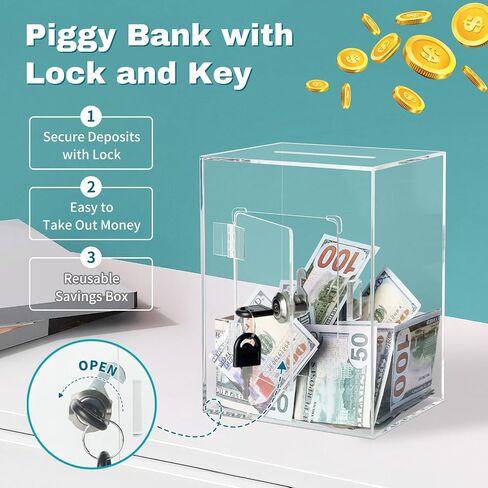 Clear Piggy Bank with Lock and Key, Large Acrylic Piggy Banks for Kids Adults, Clear Openable Money Saving Box for Cash Coins, Reusable Saving Box for Real Money (Clear) in Saudi Arabia