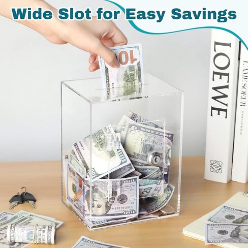 Clear Piggy Bank with Lock and Key, Large Acrylic Piggy Banks for Kids Adults, Clear Openable Money Saving Box for Cash Coins, Reusable Saving Box for Real Money (Clear) in Saudi Arabia