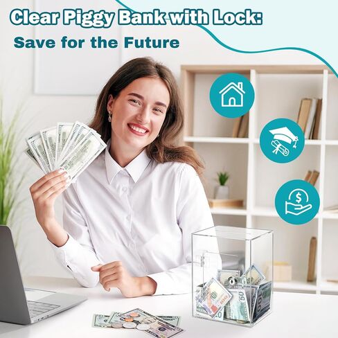 Clear Piggy Bank with Lock and Key, Large Acrylic Piggy Banks for Kids Adults, Clear Openable Money Saving Box for Cash Coins, Reusable Saving Box for Real Money (Clear) in Saudi Arabia