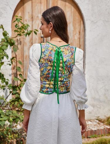 KOJOOIN Women's Floral Corset Tops Vintage Renaissance Lace Up Drawstring Crop Top Halloween Cosplay Bustiter in Saudi Arabia