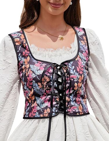 KOJOOIN Women's Floral Corset Tops Vintage Renaissance Lace Up Drawstring Crop Top Halloween Cosplay Bustiter in Saudi Arabia