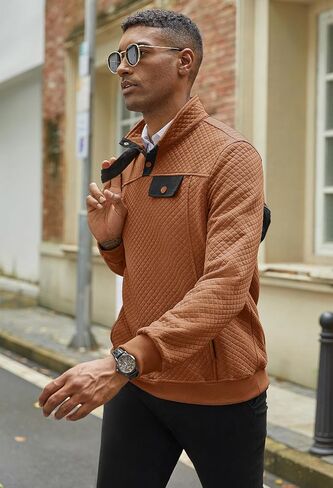 Men's Quilted Sweatshirt Casual Long Sleeve Outdoor Stand Collar Button Pullover Sweatshirts in Saudi Arabia