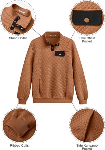 Men's Quilted Sweatshirt Casual Long Sleeve Outdoor Stand Collar Button Pullover Sweatshirts in Saudi Arabia