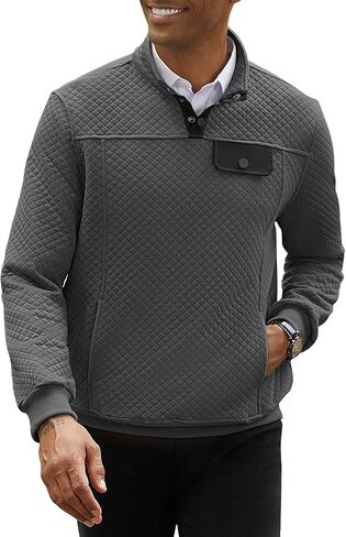 Men's Quilted Sweatshirt Casual Long Sleeve Outdoor Stand Collar Button Pullover Sweatshirts in Saudi Arabia