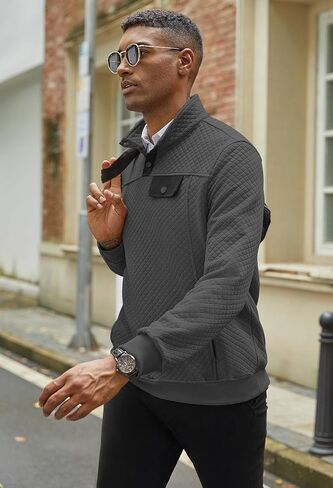 Men's Quilted Sweatshirt Casual Long Sleeve Outdoor Stand Collar Button Pullover Sweatshirts in Saudi Arabia