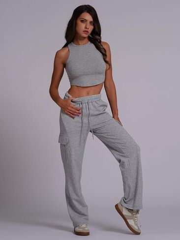 ABOCIW Womens Cargo Sweatpants Fleece Wide Leg Sweat Pants High Waisted Baggy Athletic Joggers Pants with Pockets in Saudi Arabia