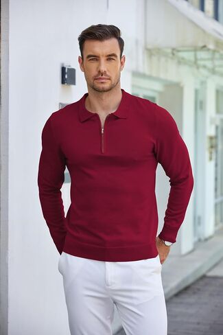 COOFANDY Mens Knit Polo Shirt Quarter Zip Slim Fit Pullover Long Sleeve Sweater Polo in Saudi Arabia