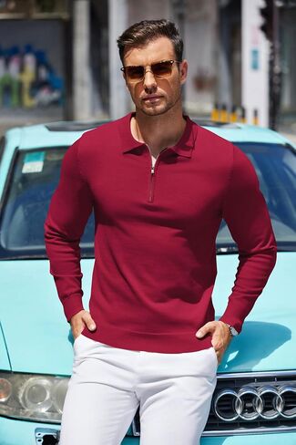 COOFANDY Mens Knit Polo Shirt Quarter Zip Slim Fit Pullover Long Sleeve Sweater Polo in Saudi Arabia