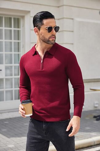 COOFANDY Mens Knit Polo Shirt Quarter Zip Slim Fit Pullover Long Sleeve Sweater Polo in Saudi Arabia