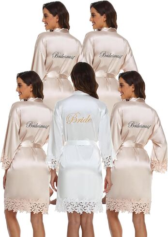 5 Pcs Satin Bridal Robes with Lace Trim Embroidered Short Kimono Bride Bridesmaid Getting Ready Dressing Gown in Saudi Arabia