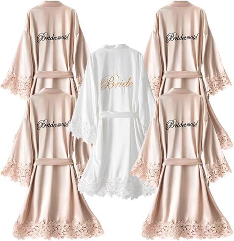 5 Pcs Satin Bridal Robes with Lace Trim Embroidered Short Kimono Bride Bridesmaid Getting Ready Dressing Gown in Saudi Arabia