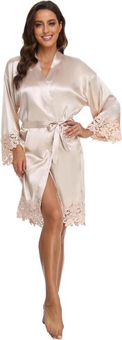5 Pcs Satin Bridal Robes with Lace Trim Embroidered Short Kimono Bride Bridesmaid Getting Ready Dressing Gown in Saudi Arabia