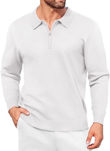 COOFANDY Mens Knit Polo Shirt Quarter Zip Slim Fit Pullover Long Sleeve Sweater Polo in Kuwait