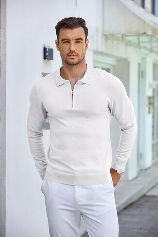 COOFANDY Mens Knit Polo Shirt Quarter Zip Slim Fit Pullover Long Sleeve Sweater Polo in Kuwait
