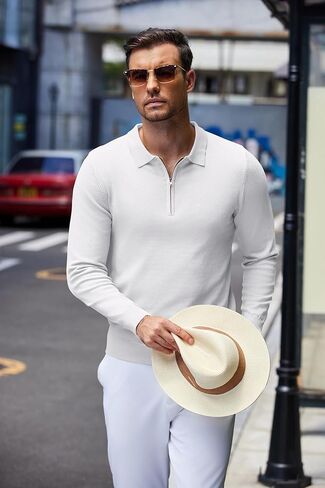 COOFANDY Mens Knit Polo Shirt Quarter Zip Slim Fit Pullover Long Sleeve Sweater Polo in Kuwait