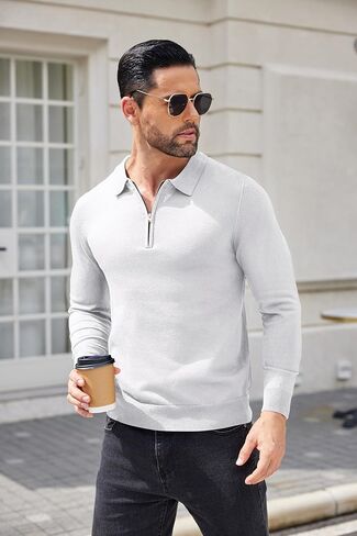 COOFANDY Mens Knit Polo Shirt Quarter Zip Slim Fit Pullover Long Sleeve Sweater Polo in Kuwait