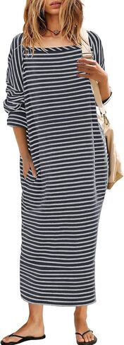 Angashion Women's Casual Striped Dresses: Long Sleeve Square Neck Fall Loose Fit Back Slit Midi Tee Shirt Dress with Pockets in Saudi Arabia