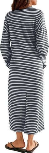 Angashion Women's Casual Striped Dresses: Long Sleeve Square Neck Fall Loose Fit Back Slit Midi Tee Shirt Dress with Pockets in Saudi Arabia