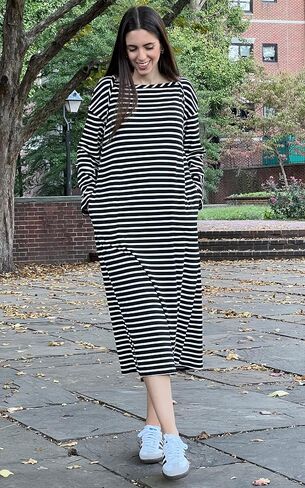Angashion Women's Casual Striped Dresses: Long Sleeve Square Neck Fall Loose Fit Back Slit Midi Tee Shirt Dress with Pockets in Saudi Arabia
