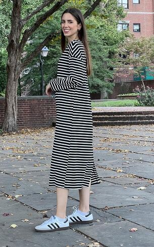 Angashion Women's Casual Striped Dresses: Long Sleeve Square Neck Fall Loose Fit Back Slit Midi Tee Shirt Dress with Pockets in Saudi Arabia
