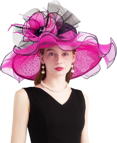 Organza Church Derby Hats for Women Wedding Tea Party Fascinator Floral Wide Brim Sun Hat in Saudi Arabia