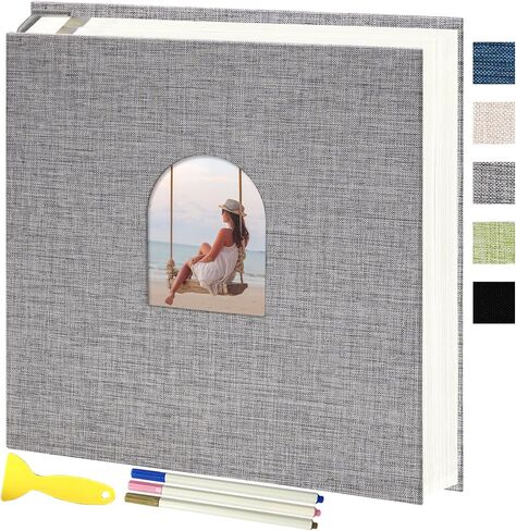 Vienrose 9.84x9.06 Inch Self-Adhesive Photo Album Linen Cover Arch Window Scrapbook Album 40 Pages Blank Inner Page Memory Book with A Metallic Pen, Beige in Kuwait
