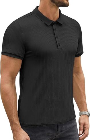 Men's Polo Shirts Short Sleeve V Neck Ribbed Knit Button Up Slim Fit Golf Muscle Blouse Tee in Saudi Arabia